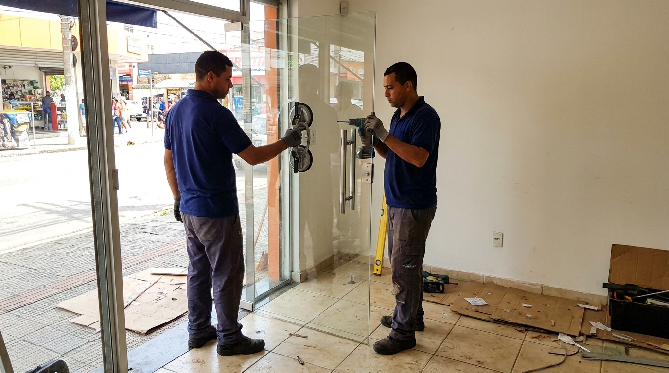 Porta de vidro de loja em rua movimentada em Porto Velho-RO
